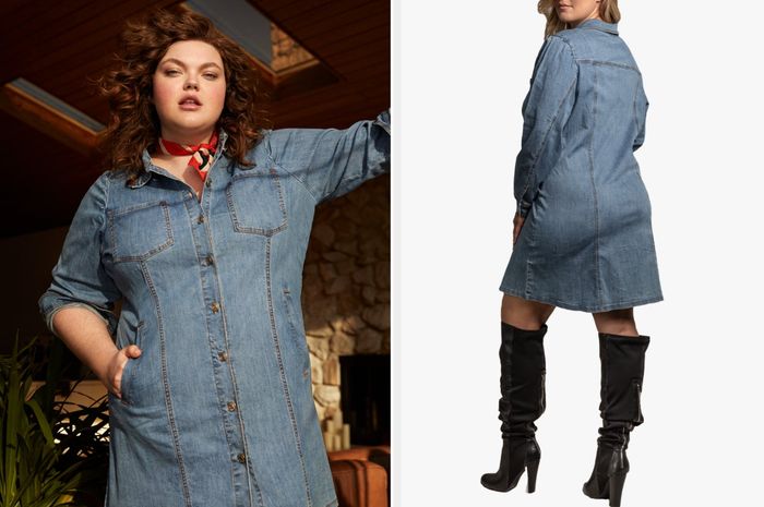 Two photos of a model wearing a blue denim dress