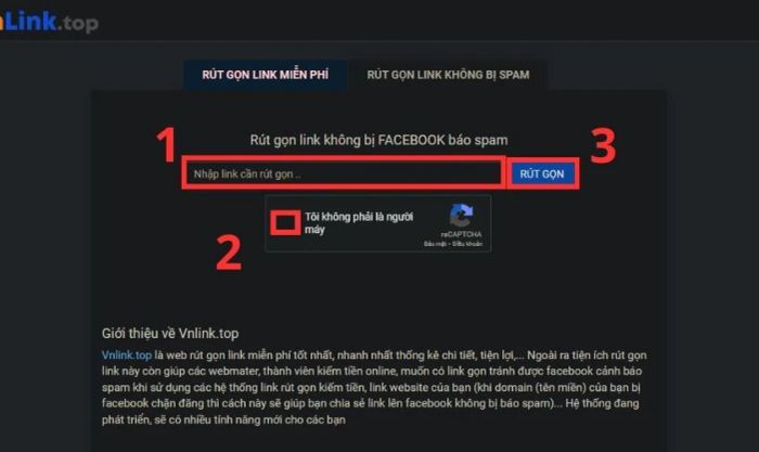 Nhập link cần rút gọn vào ô trống của Vnlink.top, xác minh Captcha rồi nhấn Rút gọn