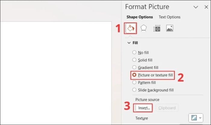 Nhấn vào ô Picture or texture fill và chọn Insert