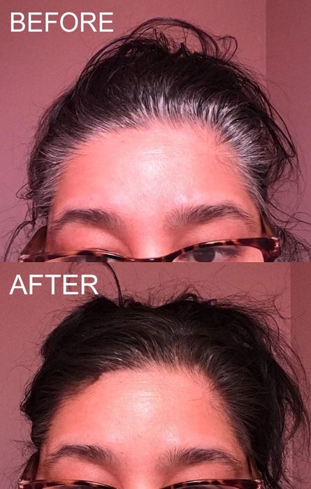 A reviewer shows their gray roots and dark brown hair, with the spray completely concealing the grays.