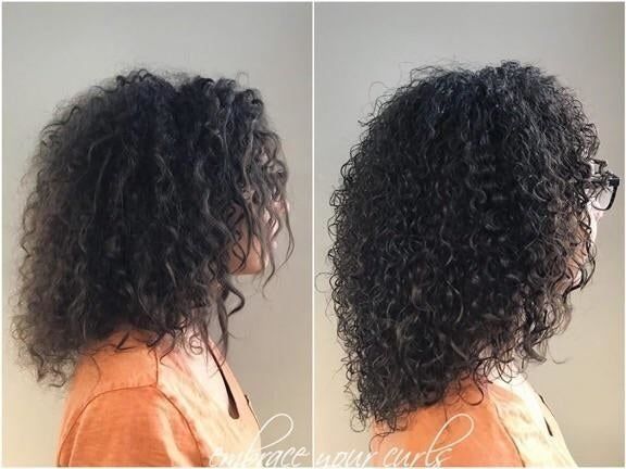A before-and-after shot of a model, with slightly frizzy curls before, and more defined, less frizzy curls afterward