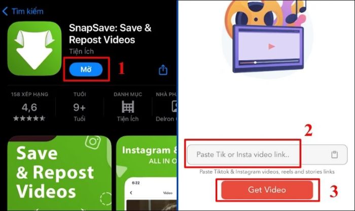 Mở ứng dụng SnapSave, dán liên kết vừa sao chép vào ô và nhấn Get Video