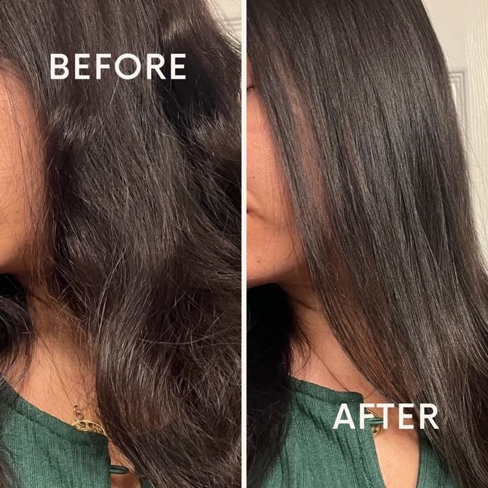 Reviewer's hair before and after using the spray