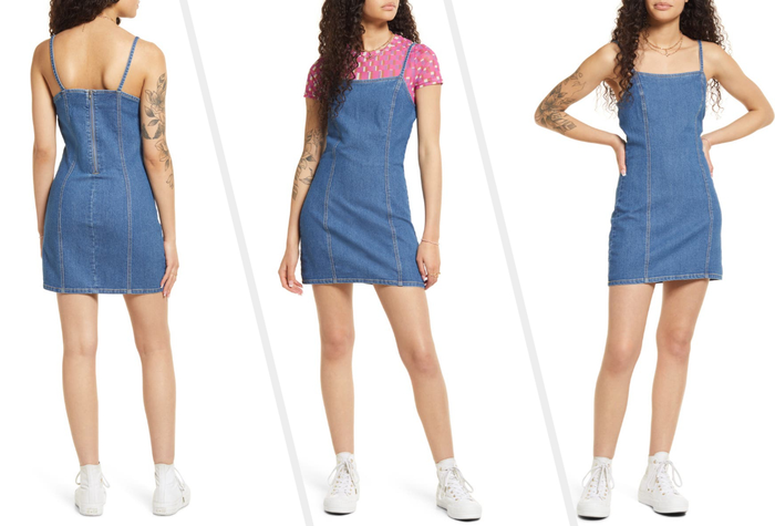 Three images of a model wearing a denim mini dress