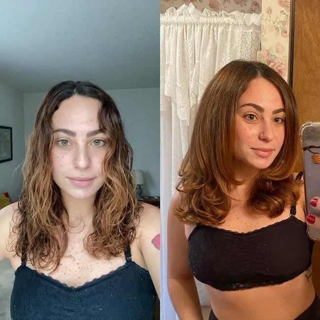 A reviewer showing their hair with wet waves on the left and voluminous, smooth hair with curled ends on the right after blow-drying