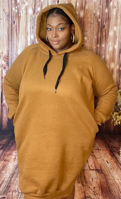 The reviewer is wearing the gold hoodie dress.