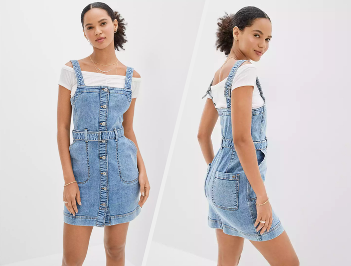 Two photos of a model showcasing a blue denim mini dress