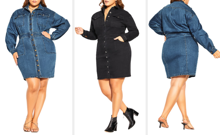 Three images of a model wearing blue and black mini dress