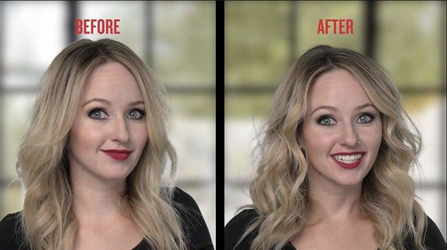 A model showcasing a before-and-after transformation with wavy-straight hair before, and voluminous, wavy-curly hair after.