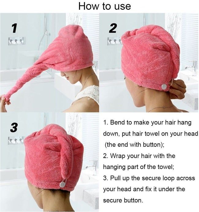 The towel wrap demonstrating the simple steps: wrap your hair and secure it with the button loop in the back