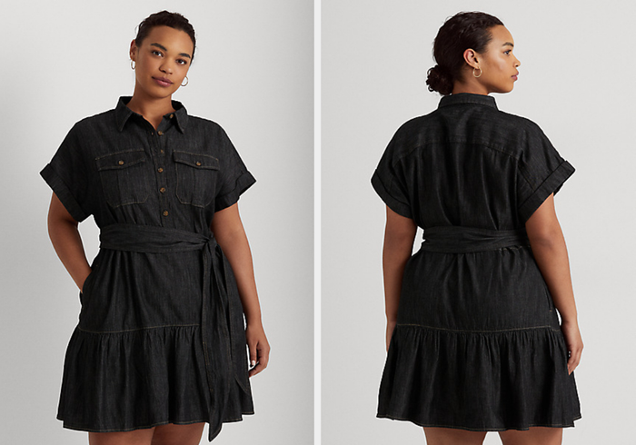 Two images of a model wearing a denim dress with a sash