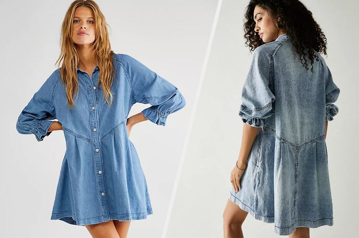 Two images of models in blue denim mini dresses