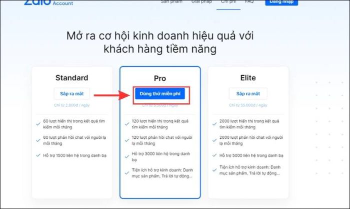 Chọn gói dịch vụ phù hợp và nhấn vào Dùng thử miễn phí để bắt đầu.