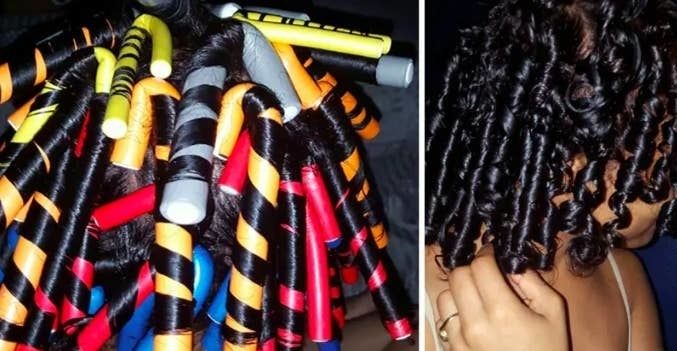 A reviewer showing off the curling rods in their hair and the defined curls after use