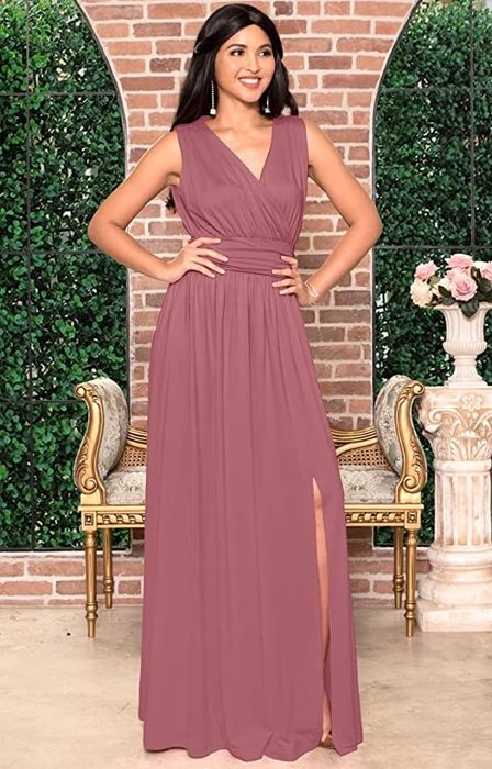 a model wearing the dress in dusty rose