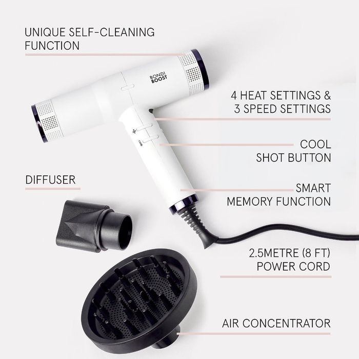 The blow dryer with various attachments displayed.