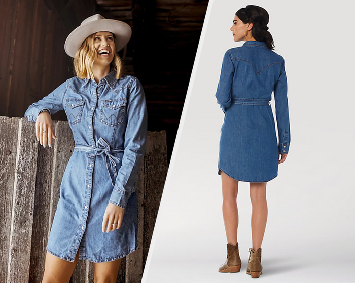 Two photos of models wearing light and dark blue denim dresses