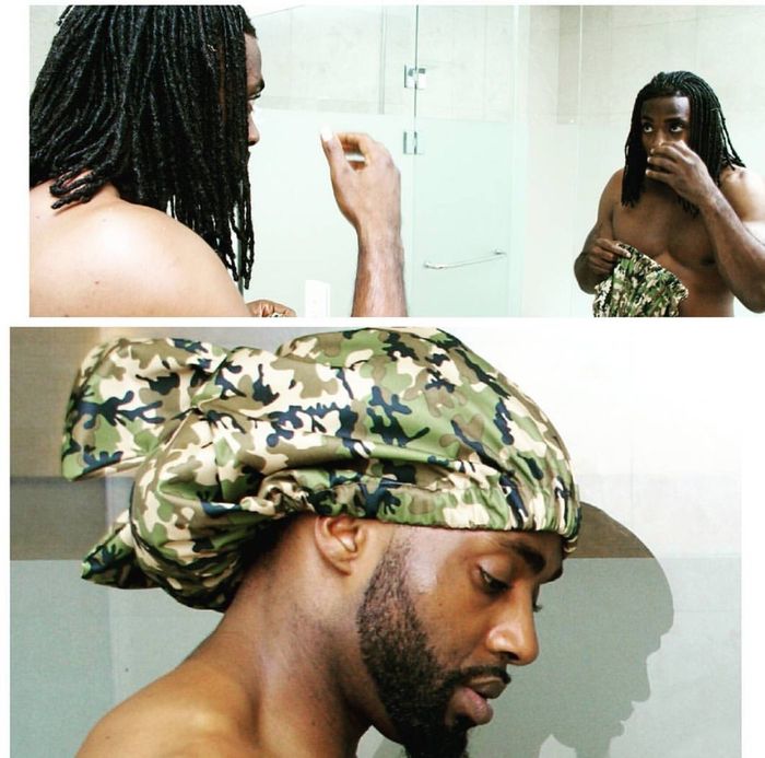 A model showcasing the safari-print shower cap
