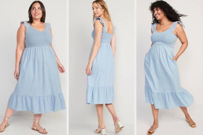 Three images of models wearing light blue midi dresses