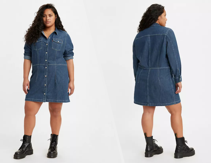 Two photos of a model wearing a dark blue mini dress