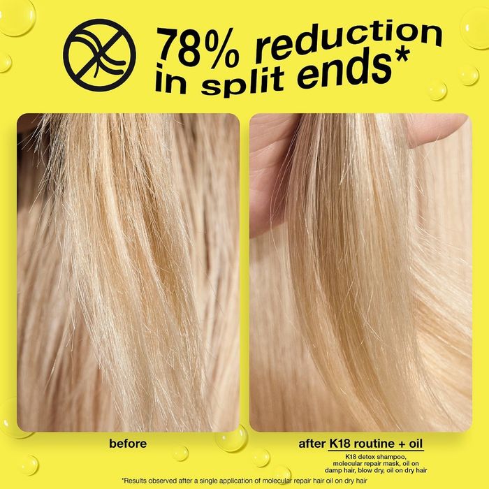 Before and after shots of the model's hair using the hair oil