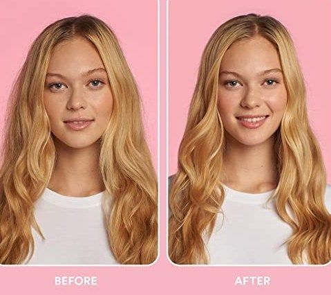 Before and after shots of the model's hair using the shampoo and conditioner combo