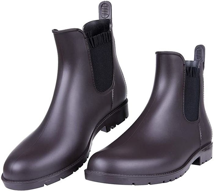 A pair of chic brown Chelsea rain boots