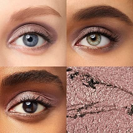 three models of different skin tones, each wearing the eyeshadow in a shimmering mauve shade