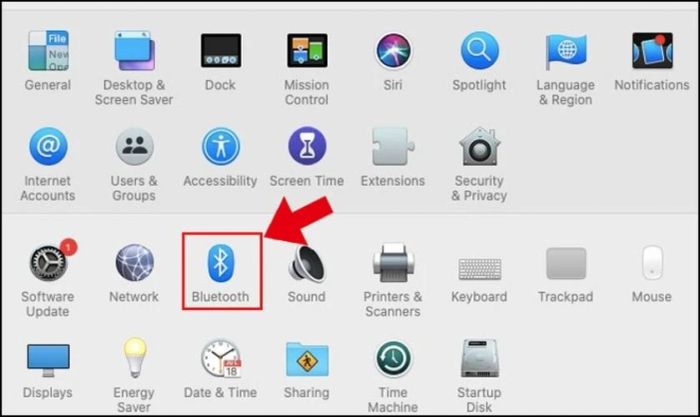 Chọn mục Bluetooth trong danh sách các tùy chọn
