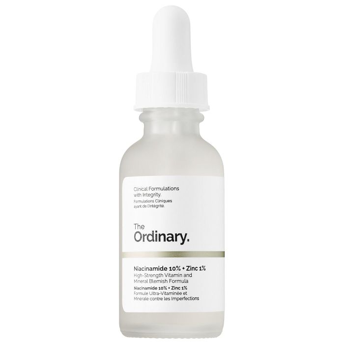 The Ordinary Niacinamide 10% + Zinc 1% serum bottle with a white dropper. The label displays the ingredients and intended skin benefits.