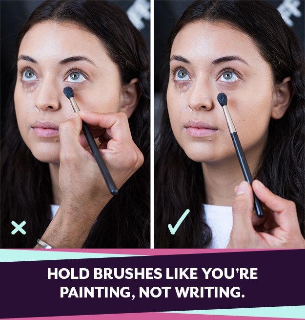 A makeup artist demonstrating two different ways to hold the brushes to highlight the difference