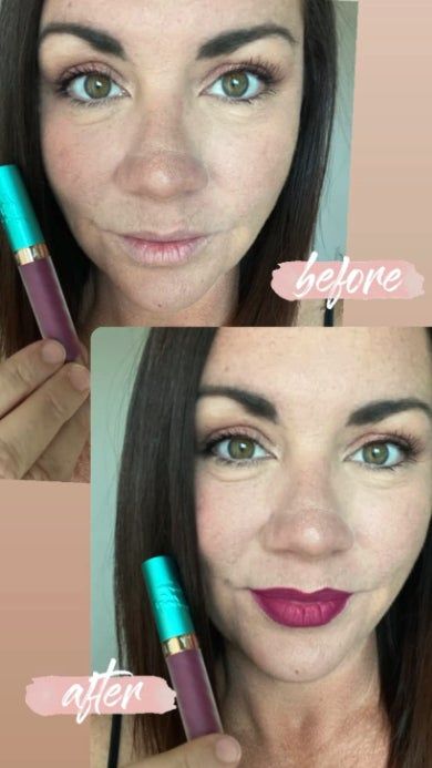 A reviewer presents a lipstick in two images labeled