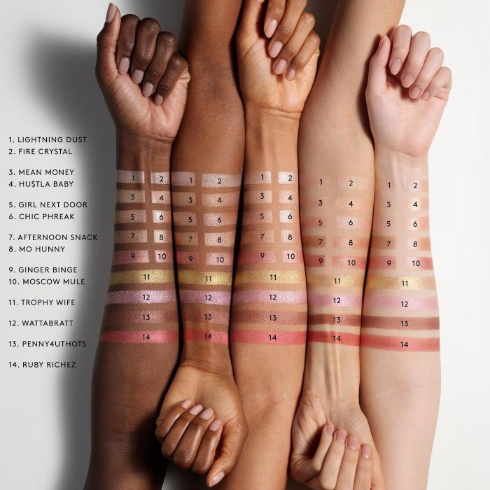 Five different arms showcasing a range of highlighter shades