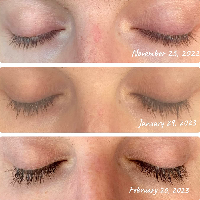 three panels showing a reviewer's lashes over three months