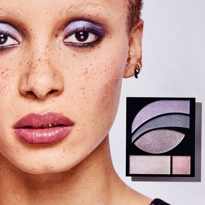 The lavender-toned eyeshadow palette alongside the completed eye look on a model.