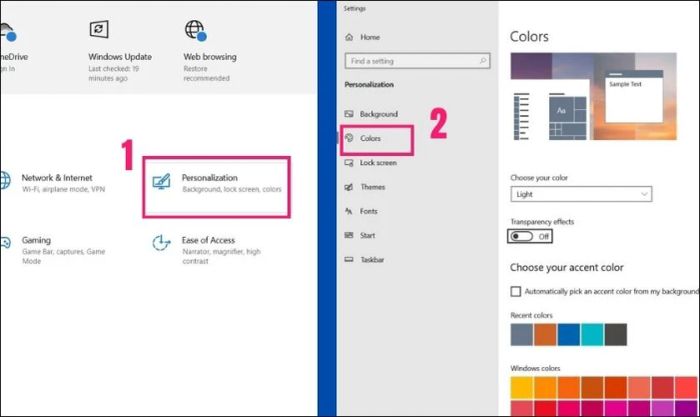 Chọn mục Personalization và sau đó chọn mục Colors