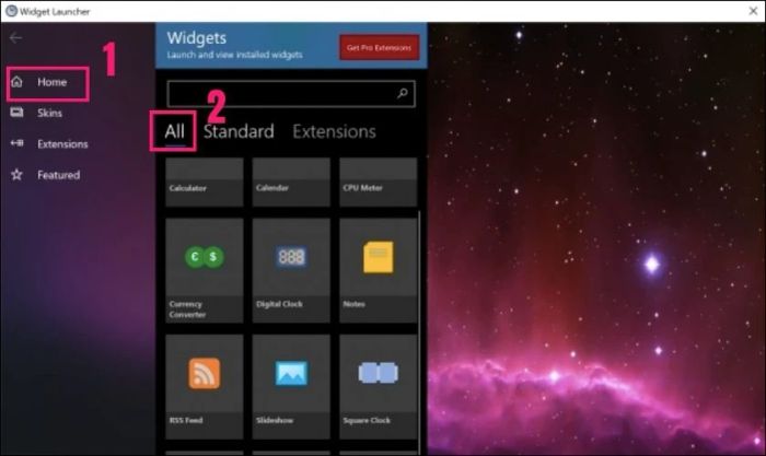 Trong giao diện Widget Launcher, chuyển đến mục Home