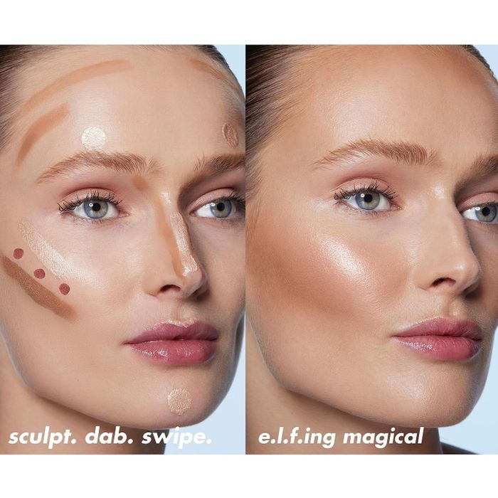 A model's face showing the application of e.l.f. cosmetics for contouring and highlighting, with before and after results