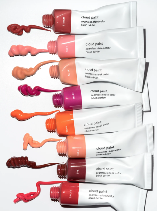 The eight different shades of Glossier Cloud Paint tubes.