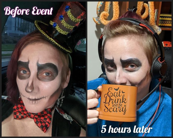 A reviewer rocking skeleton makeup and a top hat.