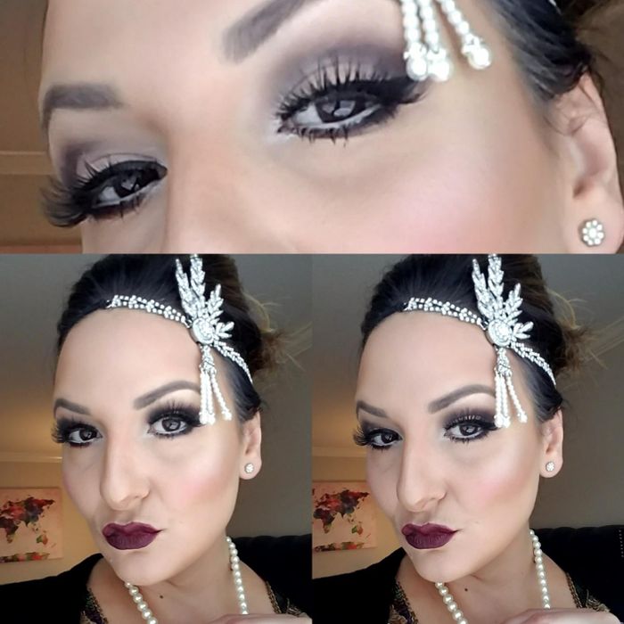 A reviewer showcasing dramatic eye makeup paired with dark lipstick.