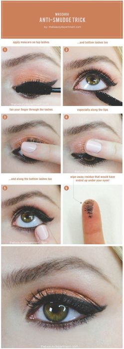A diagram illustrating the technique, showing a model gently running their fingers along the lower edge of the top lashes after applying mascara.