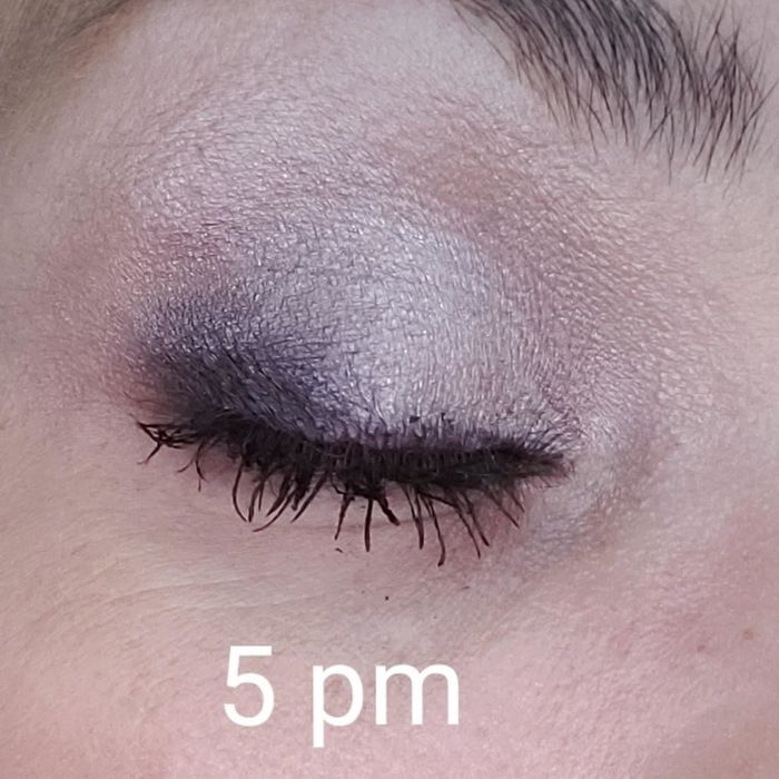 The same reviewer's eye with eyeshadow still intact, labeled