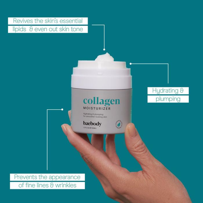 A hand holding a container of Baebody Collagen Moisturizer with visible text on the label.