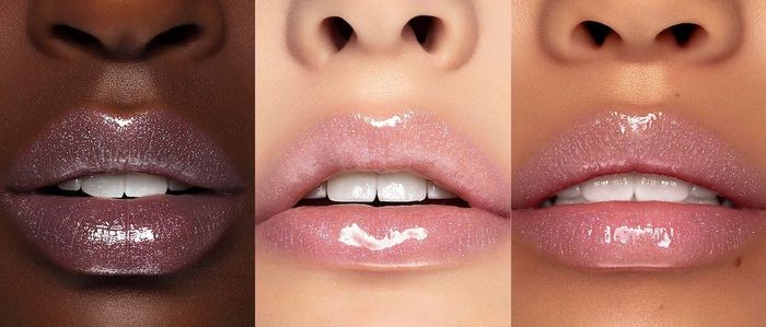 Three lips showcasing the sparkly lipgloss in action.
