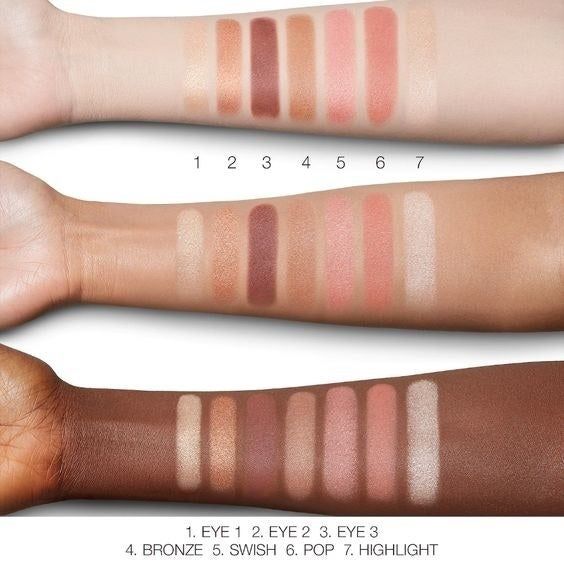 Three models' arms showcasing swatches of the rosy and nude shades.