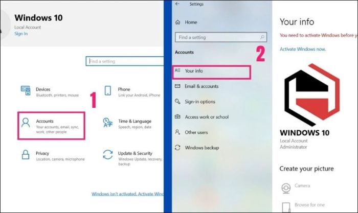 Chọn Accounts và tiếp tục vào mục Your info