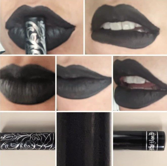 A close-up collage showing someone applying and wearing black lipstick. The lipstick tube, adorned with a floral design at the top and featuring the brand name