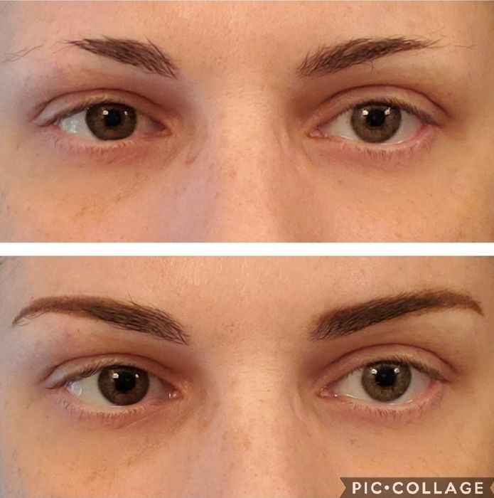 top: a reviewer with sparse outer eyebrow hairs; bottom: the same reviewer after using the stencil to fill in their brows