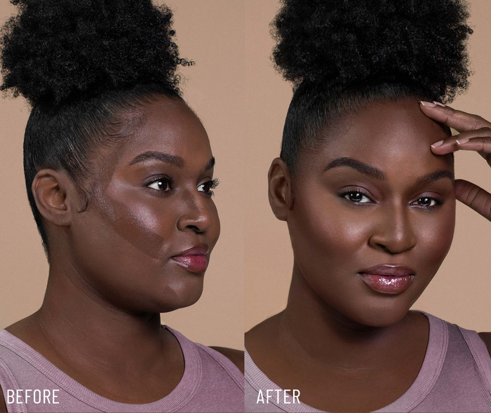 A model before and after blending the bronzer into their skin
